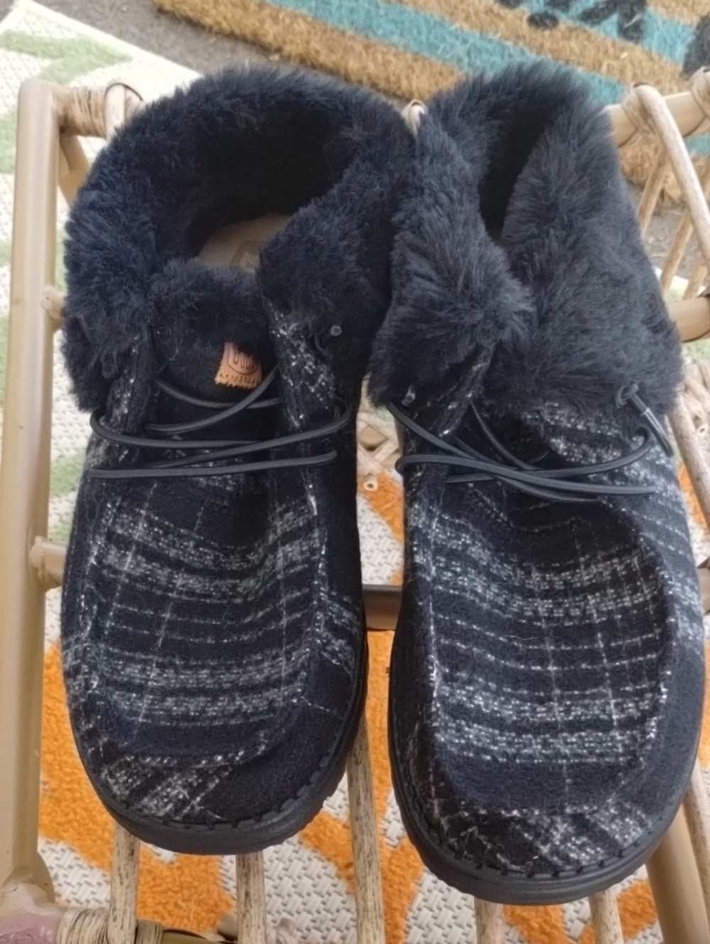 Hey Dude Black Plaid Fur-Lined Slip-On Booties